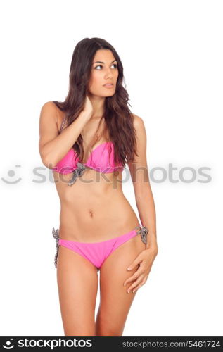 Attractive woman with pink swimwear thinking isolated on a white background