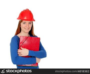 Attractive woman with red helmet isolated on a white background