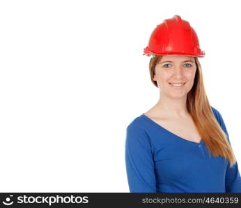 Attractive woman with red helmet isolated on a white background