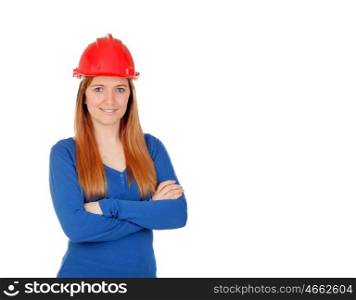 Attractive woman with red helmet isolated on a white background
