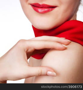 attractive woman with red scarf isolated on white