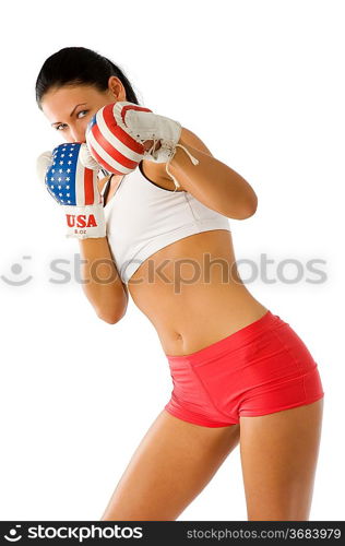 Attractive woman with usa boxing gloves