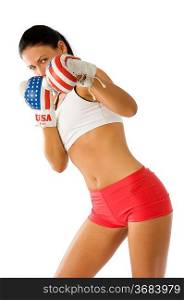 Attractive woman with usa boxing gloves