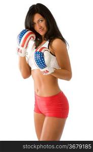 Attractive woman with usa boxing gloves and red shorts