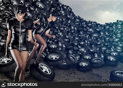 Attractive women running on tires
