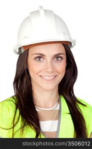 Attractive worker with reflector vest isolated on a over a white background