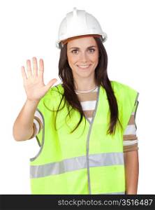 Attractive worker with reflector vest saying Stop isolated on a over a white background