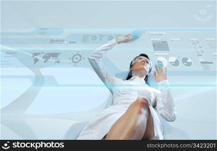Attractive young adults in futuristic interfaces / interiors series