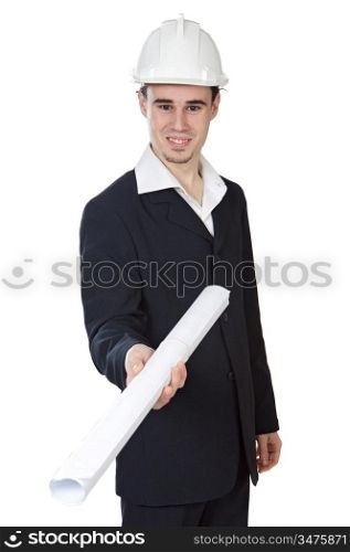 attractive young architect giving planes a over white background