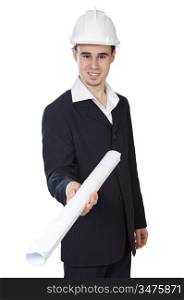 attractive young architect giving planes a over white background