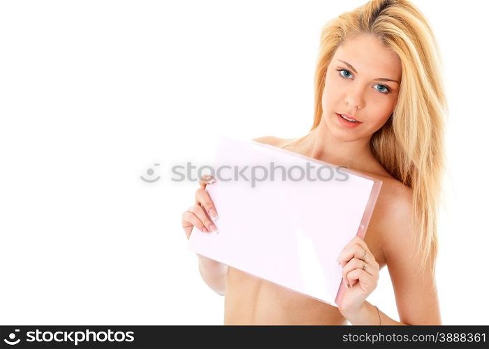 Attractive young blonde woman concealed documents
