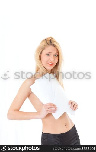 Attractive young blonde woman concealed documents