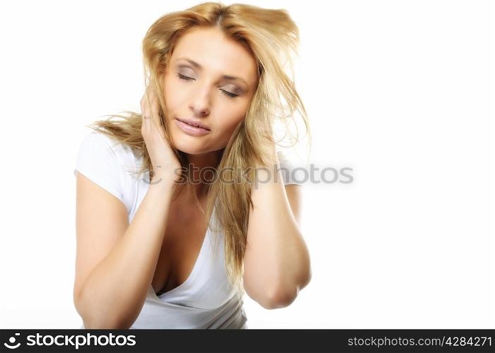 Attractive young blonde woman long hair portrait romantic daydreaming girl closed eyes isolated on white background