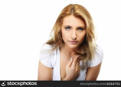 Attractive young blonde woman portrait isolated on white background