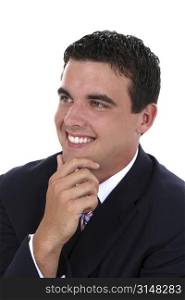Attractive young businessman in suit (jacket & tie) smiling. Nice detail in face and great teeth.