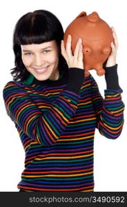 attractive young casual girl with money box a over white background