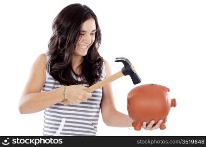 attractive young casual girl with money box a over white background