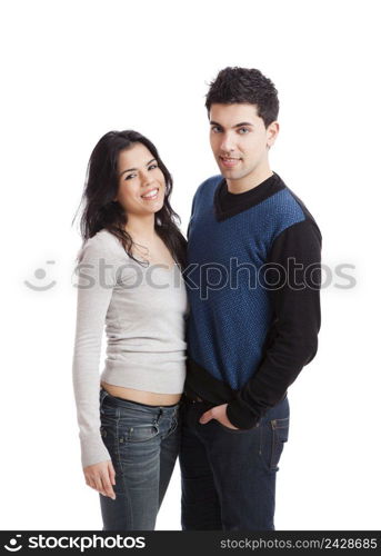 Attractive young couple standing over a white background