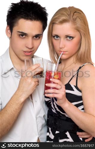 Attractive young couple with cocktails. Isolated on white