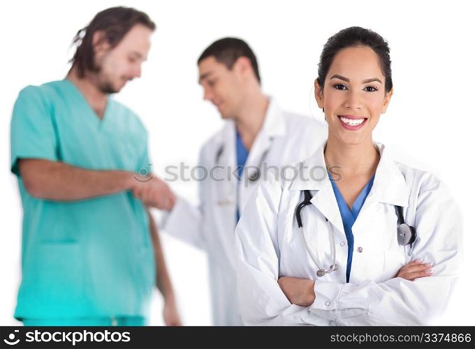 Attractive young doctor smiling, other doctor giving shake hand to male nurse in isolated white background