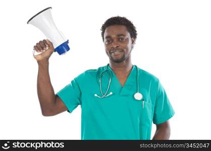 attractive young doctor whit megaphone a over white background