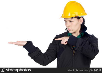 Attractive young engineer indicating a hand empty (you can fill it with any thing)