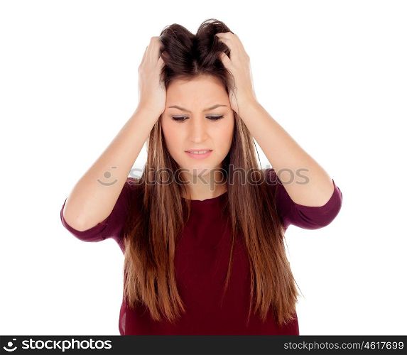 Attractive young girl expressing negativity isolated on a white background