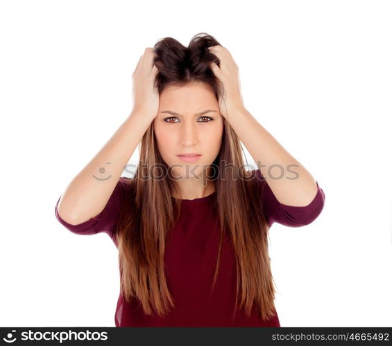 Attractive young girl expressing negativity isolated on a white background