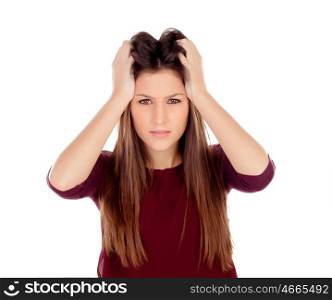 Attractive young girl expressing negativity isolated on a white background