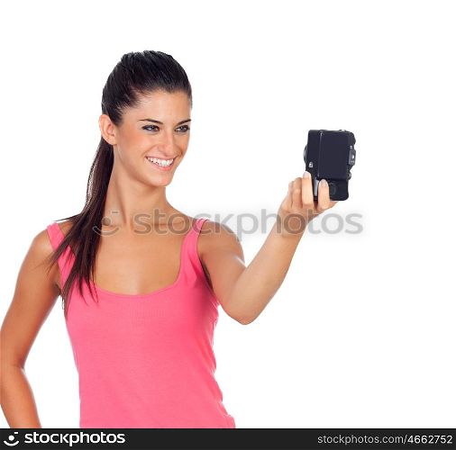 Attractive young girl getting a photo isolated on a white background