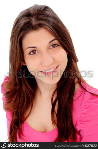 Attractive young girl in pink isolated on a white background