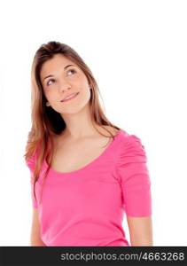 Attractive young girl in pink isolated on a white background