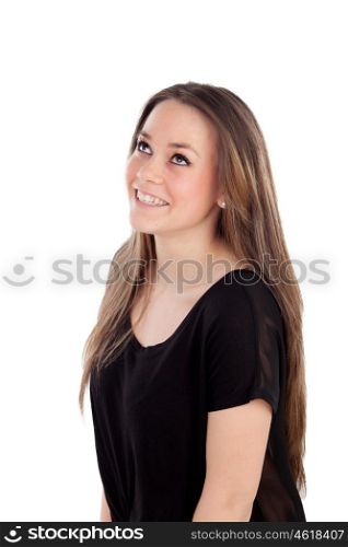 Attractive young girl looking up isolated on a white background