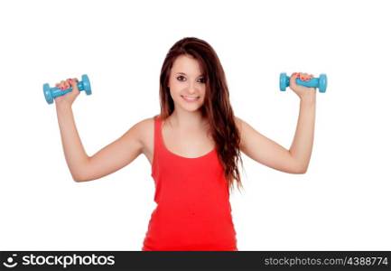 Attractive young girl with dumbbells isolated on a white background