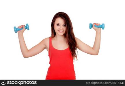 Attractive young girl with dumbbells isolated on a white background