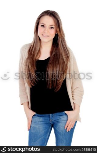 Attractive young girl with jeans isolated on a white background