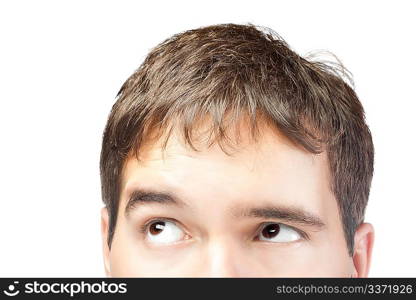 attractive young man looking up isolated on white background