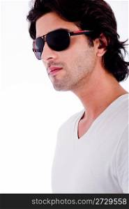 attractive young man wearing sunglass in isolated white backround