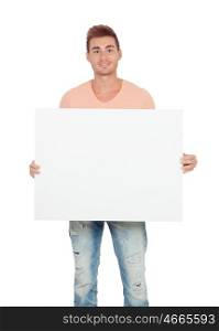 Attractive young man with a blank placard isolated on a white background