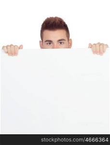 Attractive young man with a blank placard isolated on white background