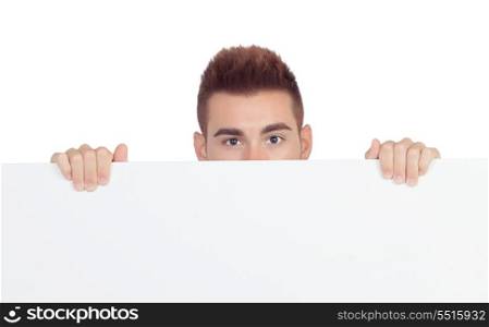 Attractive young man with a blank placard isolated on white background