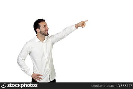 Attractive young men pointing something isolated on white background