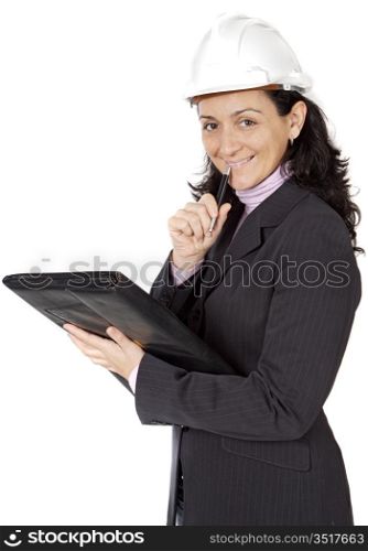 attractive young person architect taking notes in a folder a over white background