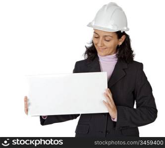 attractive young person architect with a billboard in the hands to write a text a over white background