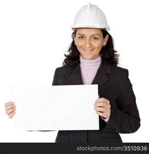 attractive young person architect with a billboard in the hands to write a text a over white background