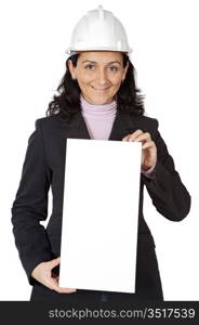 attractive young person architect with a billboard in the hands to write a text a over white background