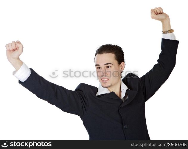 attractive young person businessman celebrating a triumph a over white background