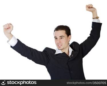 attractive young person businessman celebrating a triumph a over white background