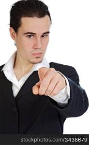 attractive young person businessman indicating with the finger, the center of the center of focus in the hand a over white background