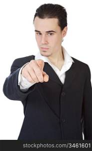 attractive young person businessman indicating with the finger, the center of the center of focus in the hand a over white background
